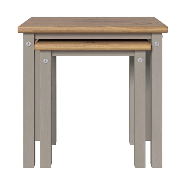 Nest of two tables with a natural wood top and grey legs, featuring a simple, rectangular design