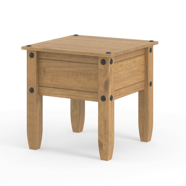 Square wooden table with a natural finish, featuring rounded corners and black metal accents on the edges