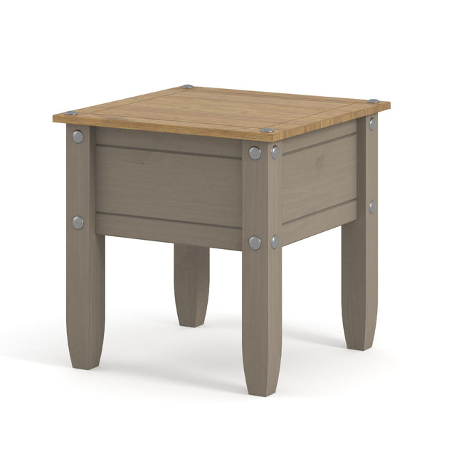Square side table with a natural wood top and grey wooden legs, featuring metal corner brackets