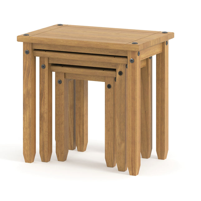 Set of three nesting tables with a square top and tapered legs, made of light brown wood with a smooth finish