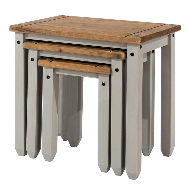 Set of three nesting tables with a natural wood top and grey-painted legs, featuring a simple, rectangular design