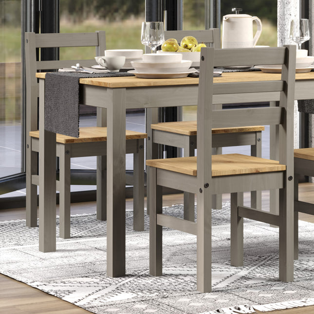 Set of two dining chairs with a straight backrest and wooden seat, finished in grey with natural wood accents
