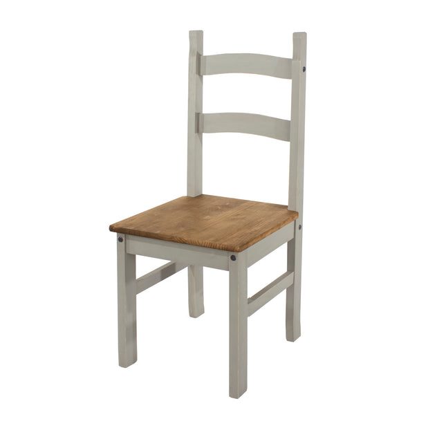 Wooden chair with a light grey frame, three horizontal slats on the backrest, and a natural wood seat