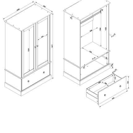 Cotswold - 2 Mirror door, 1 Drawer Wardrobe 