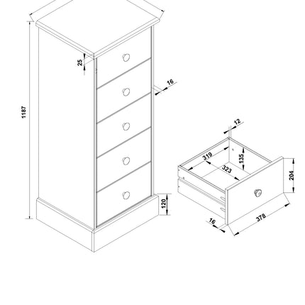 Cotswold - 5 Drawer Narrow Chest