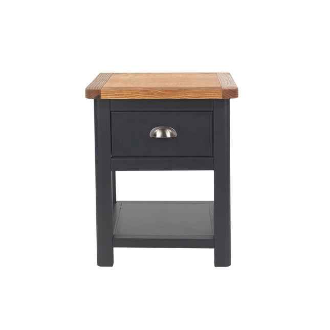 Bedside cabinet with one drawer and an open shelf, featuring a wooden top and a dark painted base