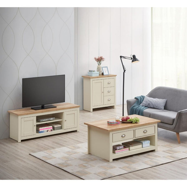 TV unit with two side cabinets and open shelf, coffee table with two drawers, both in cream with light wood tops