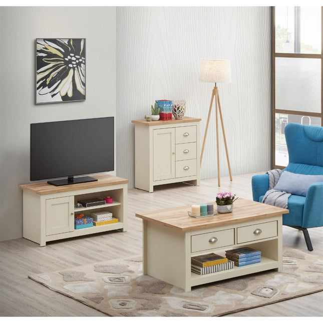 TV unit with a wooden top and cream body, featuring an open shelf and a drawer. Coffee table with two drawers and a lower