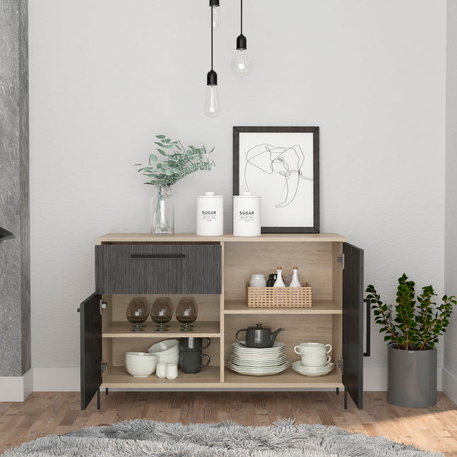 Small sideboard with two open shelves and two cupboard doors, featuring a washed oak finish and carbon grey accents