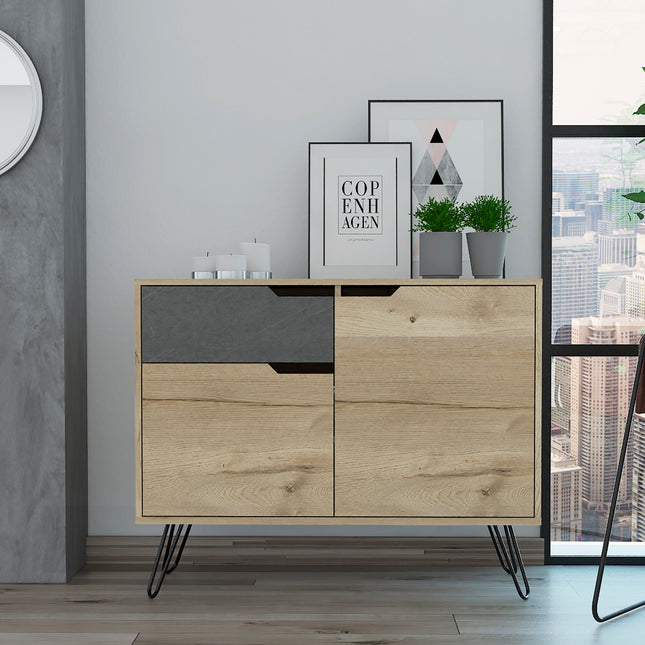 Sideboard with two grey drawers and two wooden doors, featuring a bleached pine finish and metal legs