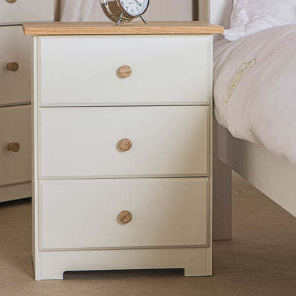Painted - 3 Drawer Bedside Cabinet - Soft White - Oak Top