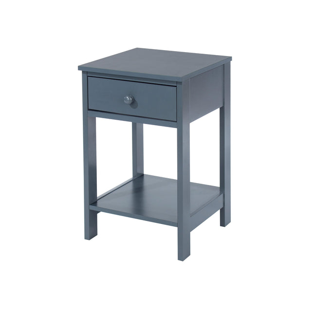 Petite bedside table with one drawer and an open shelf, finished in a smooth grey paint