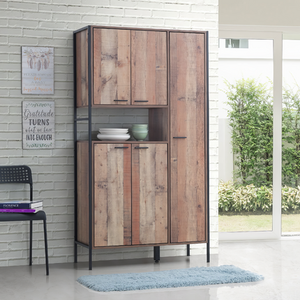 Tall cabinet with five doors, featuring a rustic oak finish and black metal frame, set against a light brick wall