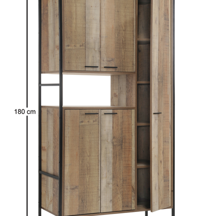 Tall cabinet with five doors, featuring a rustic oak finish and black metal frame, showcasing open shelves inside