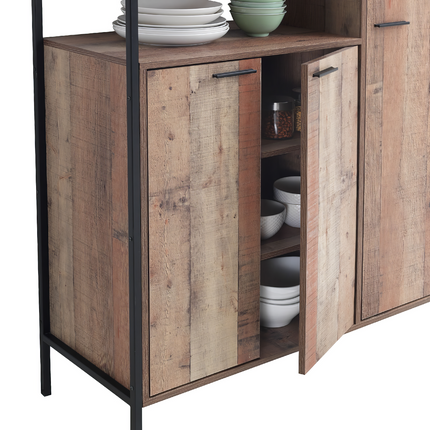 Cabinet with five doors featuring a rustic oak finish, black metal handles, and open shelving displaying dishes