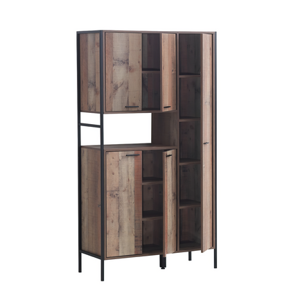 Tall cabinet with five doors, featuring a rustic oak finish and black metal frame, showcasing open shelves and closed storage