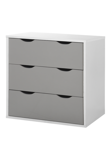 Three-drawer chest with a white frame and grey glossy drawer fronts, featuring cut-out handles