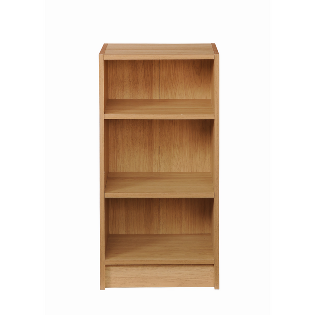 Essentials small narrow bookcase in light oak with four shelves and a matching drawer made of wood
