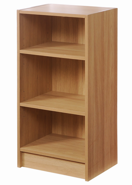 Tall bookcase with three open shelves and a bottom drawer, made of light wood with a smooth finish