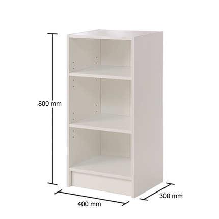 White minimalist wooden small narrow bookcase with three open shelves and bottom drawer from Essentials six colours range