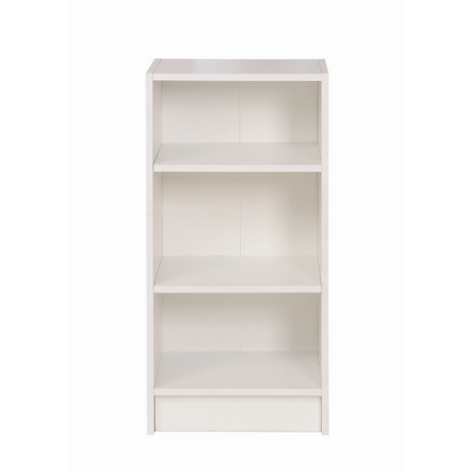 White minimalist small narrow bookcase with four shelves and a matching drawer from Essentials in six colors