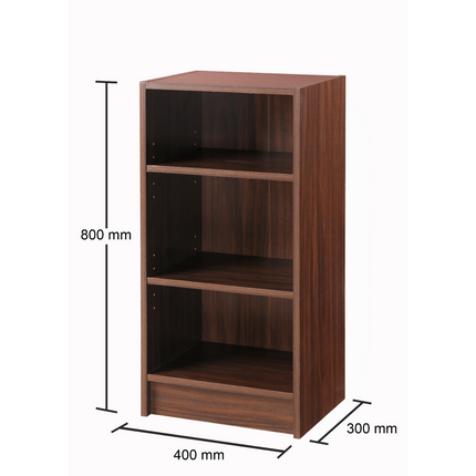 Brown wooden small narrow bookshelf with three shelves essentials collection measuring 800 by 400 by 300 mm