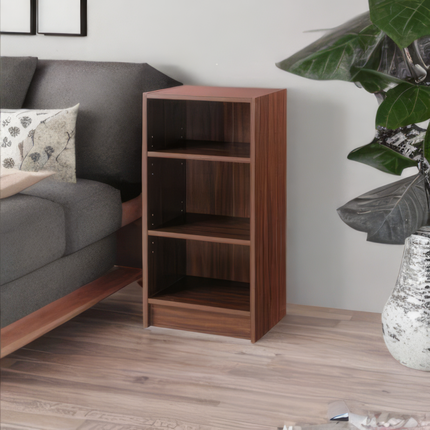 A sleek modern small narrow wooden bookshelf with three open shelves and warm brown finish in six colours