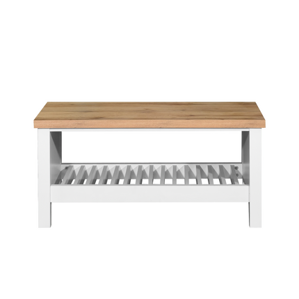 Rectangular coffee table with a natural wood top and a white slatted shelf underneath