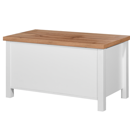 Rectangular storage box with a white body and a natural wood lid, featuring clean lines and sturdy legs