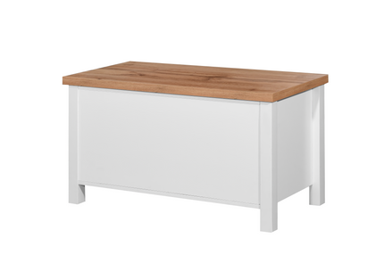 Rectangular storage box with a white body and a natural wood lid, featuring clean lines and sturdy legs