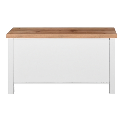 Rectangular storage box with a white body and a natural wood top, featuring a simple, clean design