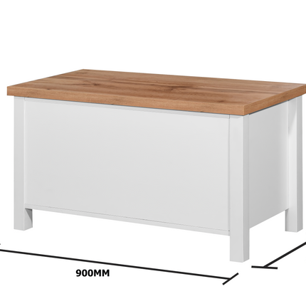 Rectangular storage box with a wooden lid and white body, featuring a simple design and sturdy legs