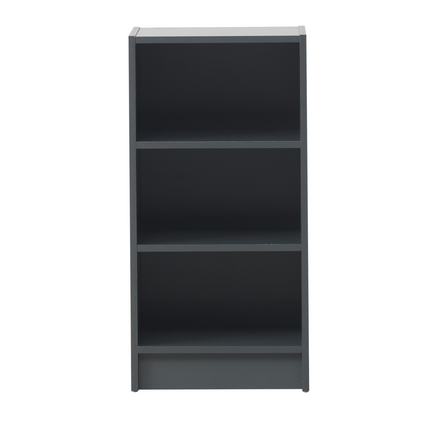 Modern gray small narrow bookcase with three open shelves and matching base in essentials collection six colours