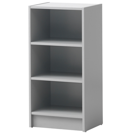 Gray minimalist small narrow bookcase with three smooth painted wood shelves from Essentials in six colours