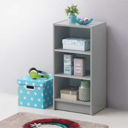 Gray three-shelf small narrow bookcase with minimalist design smooth surfaces and clean lines in essentials range