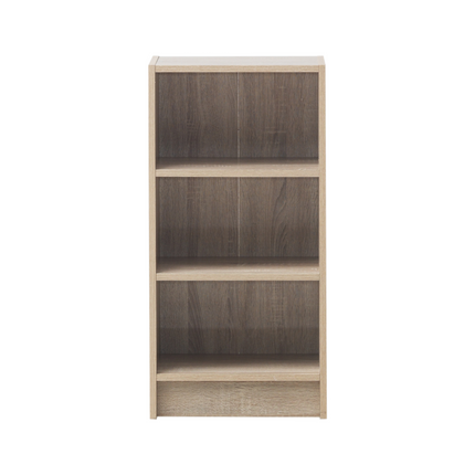 Essentials small narrow bookcase with three shelves in light wood finish and subtle grain texture