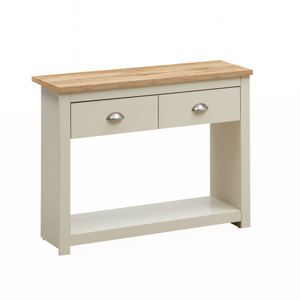 Console table with two drawers featuring silver handles and a natural wood top, finished in a soft cream colour