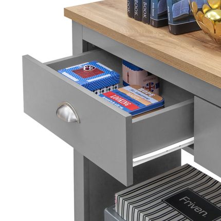 Two-drawer console table with a light wood top and grey body, featuring a silver handle on each drawer
