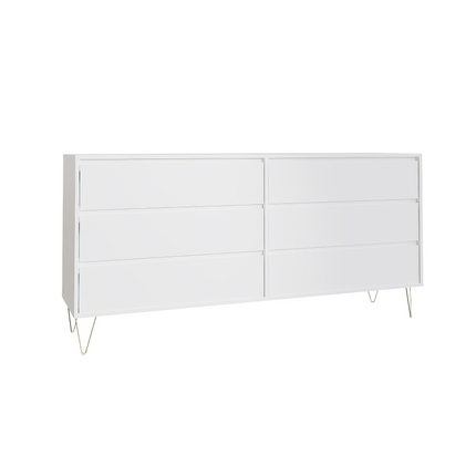 Six-drawer chest with a sleek white finish and angled gold legs, featuring smooth, minimalist drawer fronts
