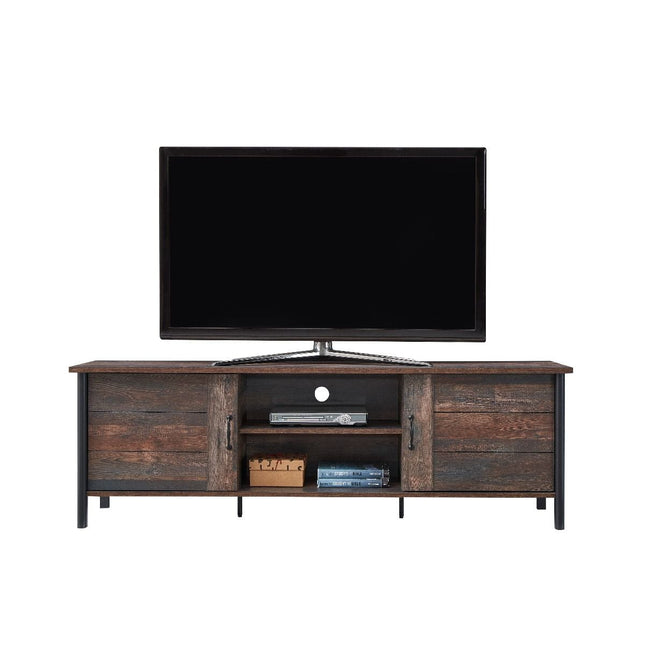 TV unit with two central shelves and two cabinets, featuring a dark oak finish and black metal legs