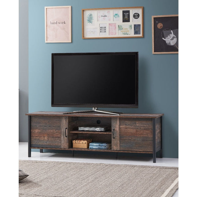 Low TV unit with two sliding doors, open shelf, and a rustic dark oak finish, supported by black metal legs
