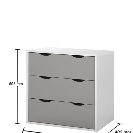 Three-drawer chest with smooth grey fronts and a white frame, featuring rounded handles and a minimalist design