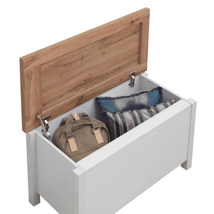 Rectangular storage box with a hinged wooden lid, featuring a white body and natural wood finish on the top