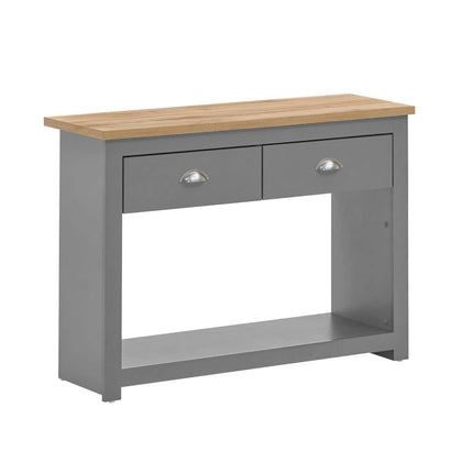 Console table with two drawers featuring silver handles, grey body, and a natural wood top. Open shelf underneath