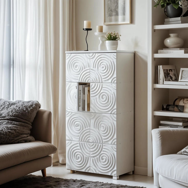 Close-up of swirl-pattern cabinet doors and recessed central cubby on white Essentials storage cabinet