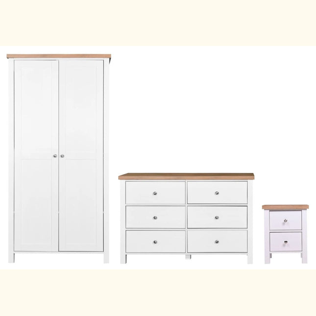 Astbury 3-piece bedroom set with tall white double wardrobe, six-drawer white dresser and white bedside table, oak-effect tops