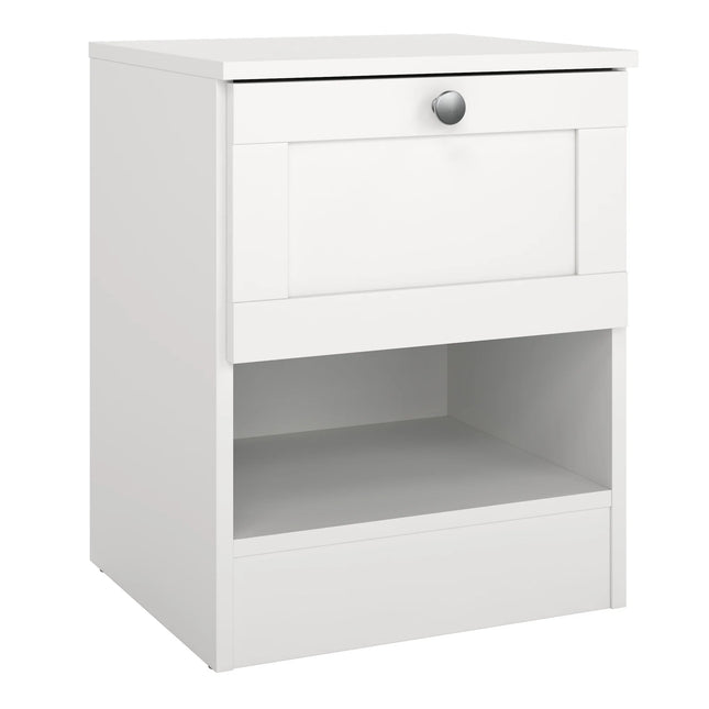 Brande white nightstand with one framed drawer, round chrome knob and open shelf