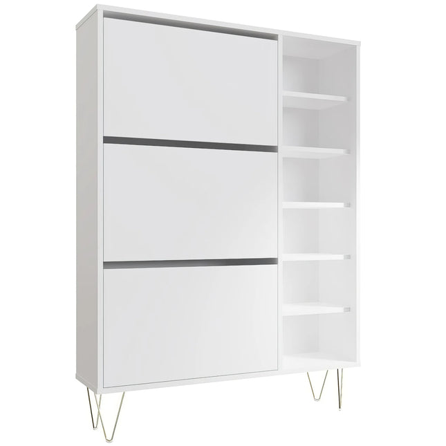 Monaco shoe cabinet in white with three flip-down drawers and open side shelves on metal hairpin legs