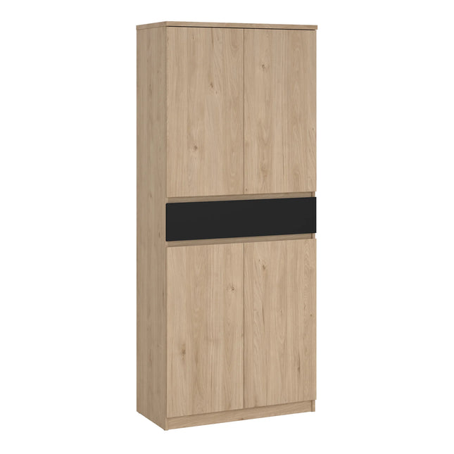 Naia shoe cabinet tall with light oak-effect finish and single black drawer panel
