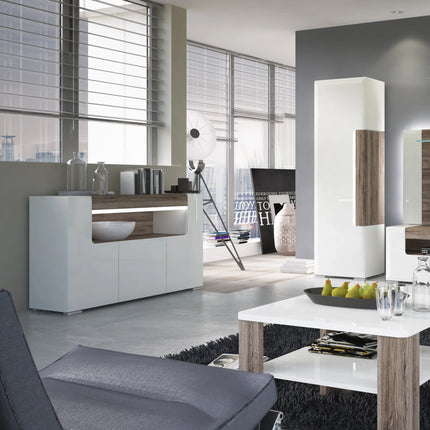 Toronto - 3 Door Sideboard with open shelving (inc. Plexi Lighting) In White and Oak